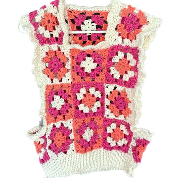 Tops - Vest Women S/M Granny Square Pink Orange White Crochet Light Spring